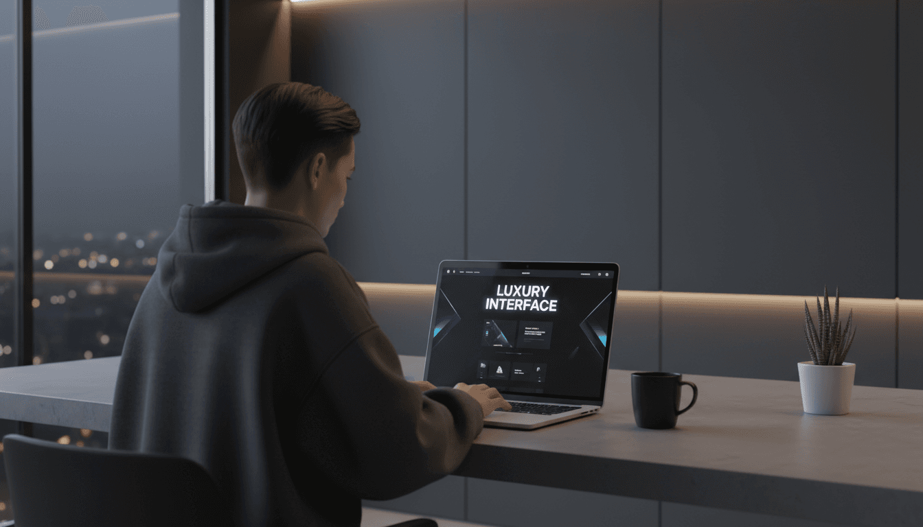 Web designer creating custom website on laptop with modern luxury design elements