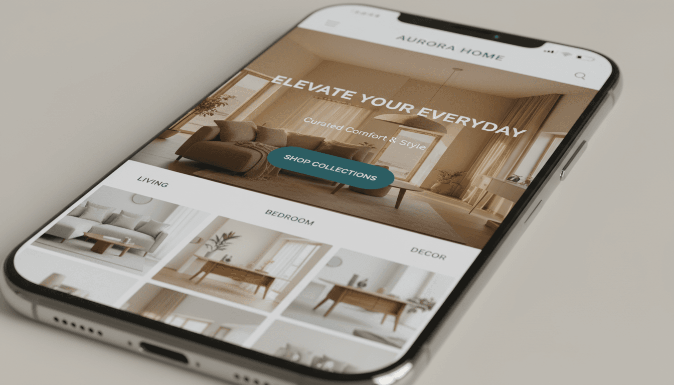 Smartphone screen showing luxury website design with clean modern interface and high-end layout