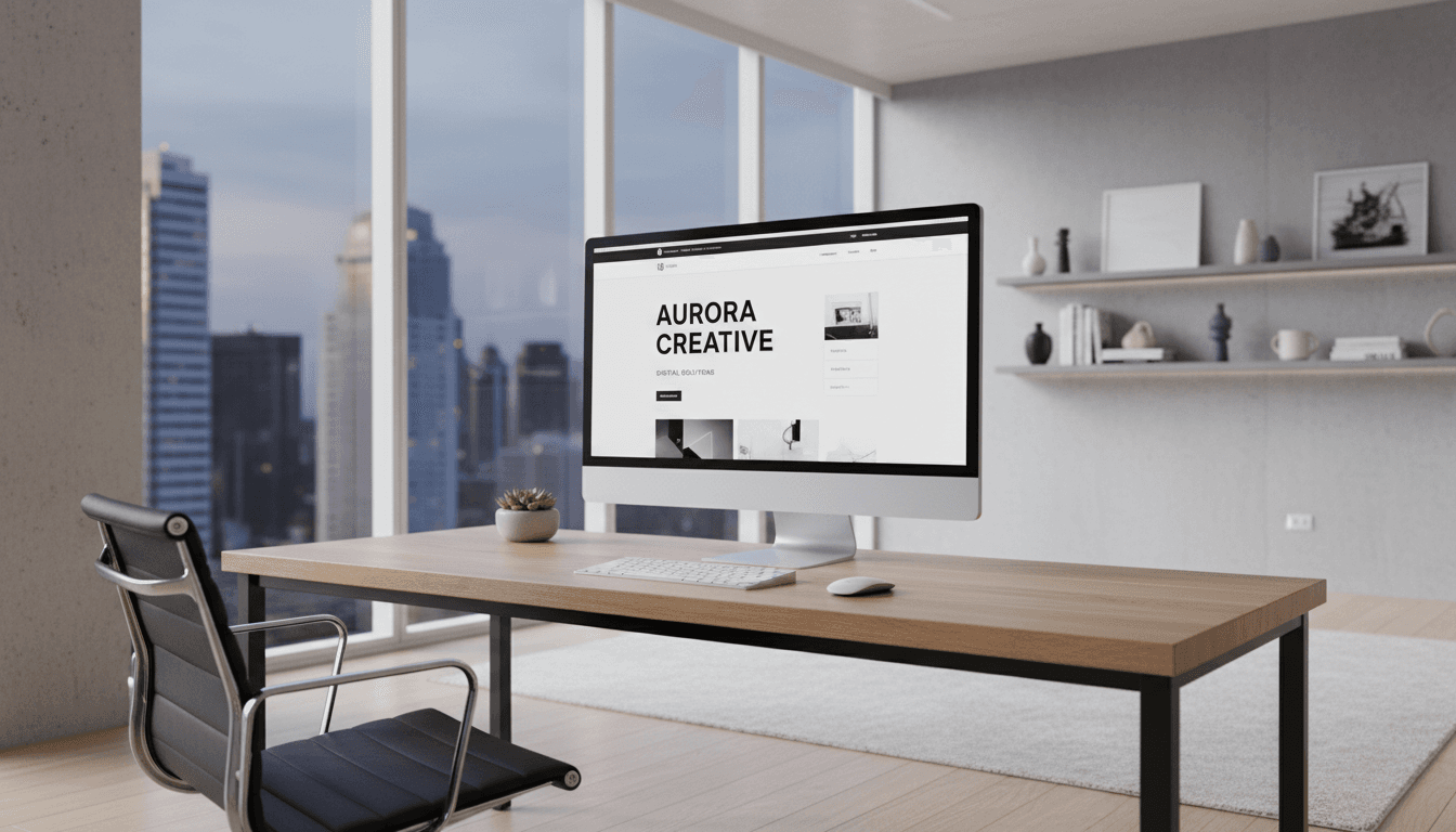 Modern designer workspace with website mockup displayed on premium monitor in sleek office environment
